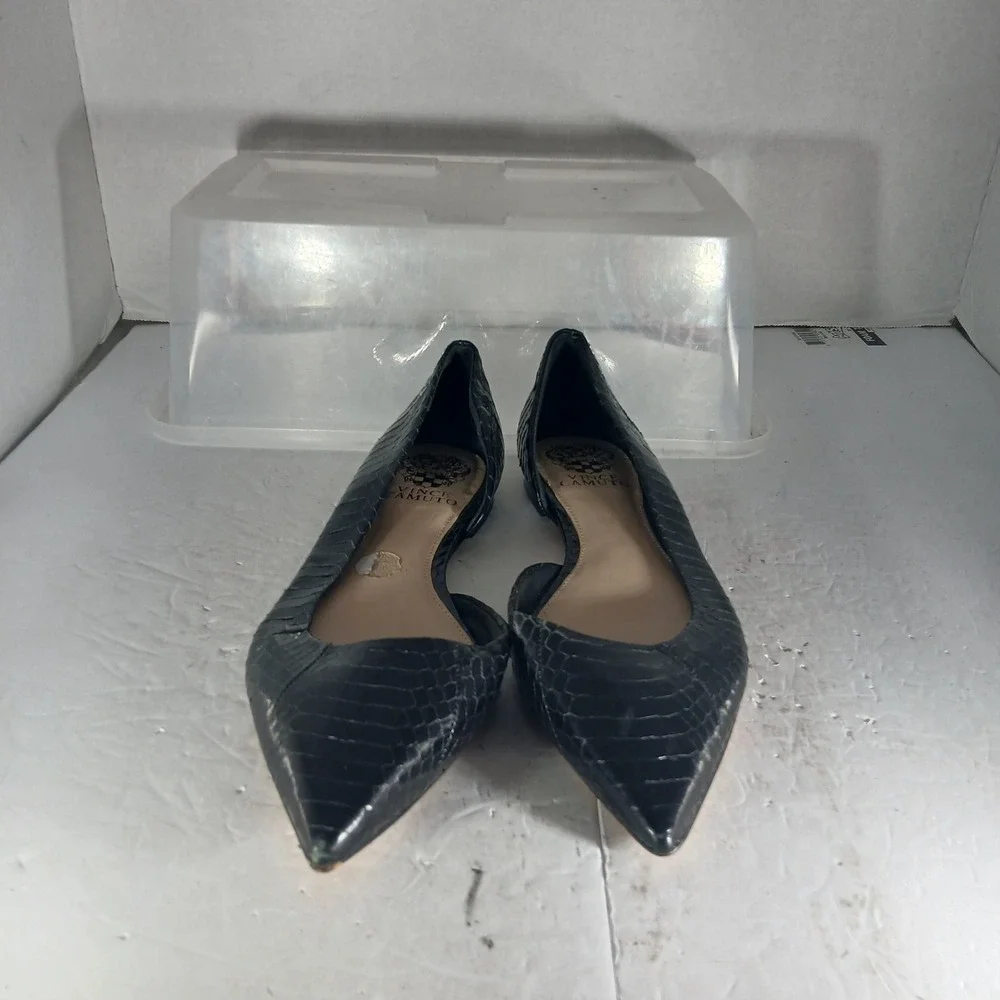Vince Camuto Etilla Flats 8.5 Black Croc Embossed Leather d'Orsay Pointed Toe